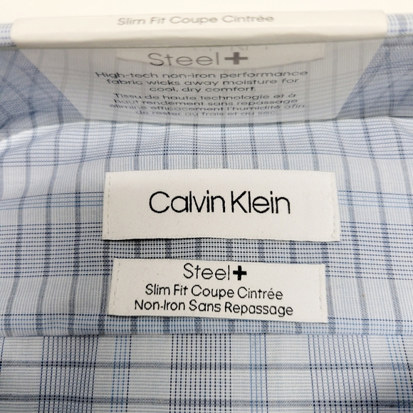 Calvin Klein STEEL+ Slim-Fit Non-Iron Stretch Blue Check Dress Shirt 17 32/33 XL - Picture 13 of 14